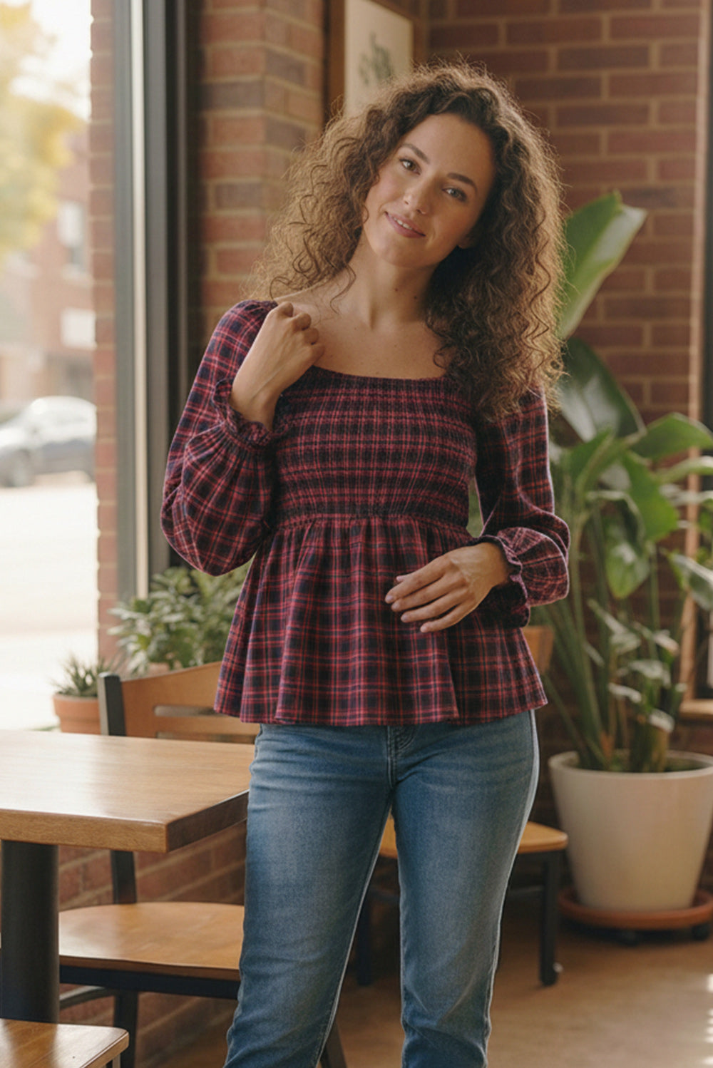 Sweetheart Smocked Cranberry Plaid Top