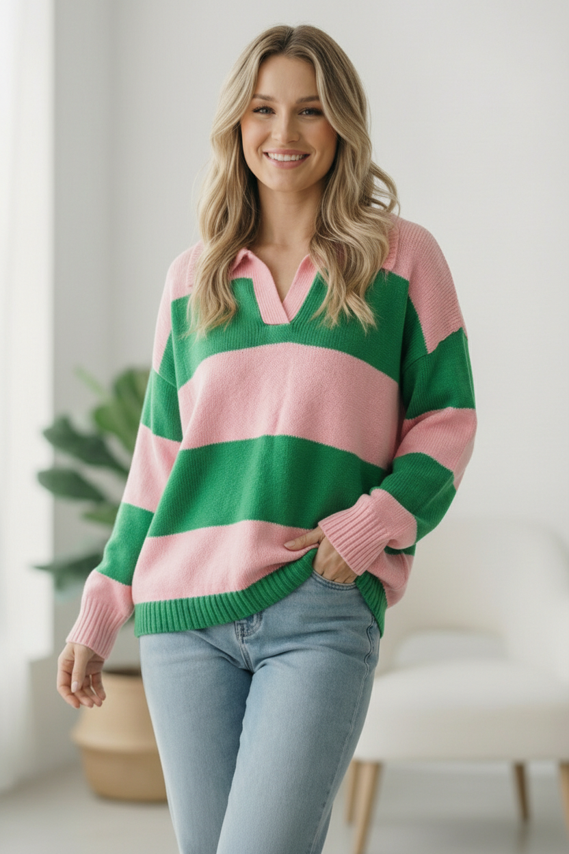 I'll Be On The Sidelines Green and Pink Sweater